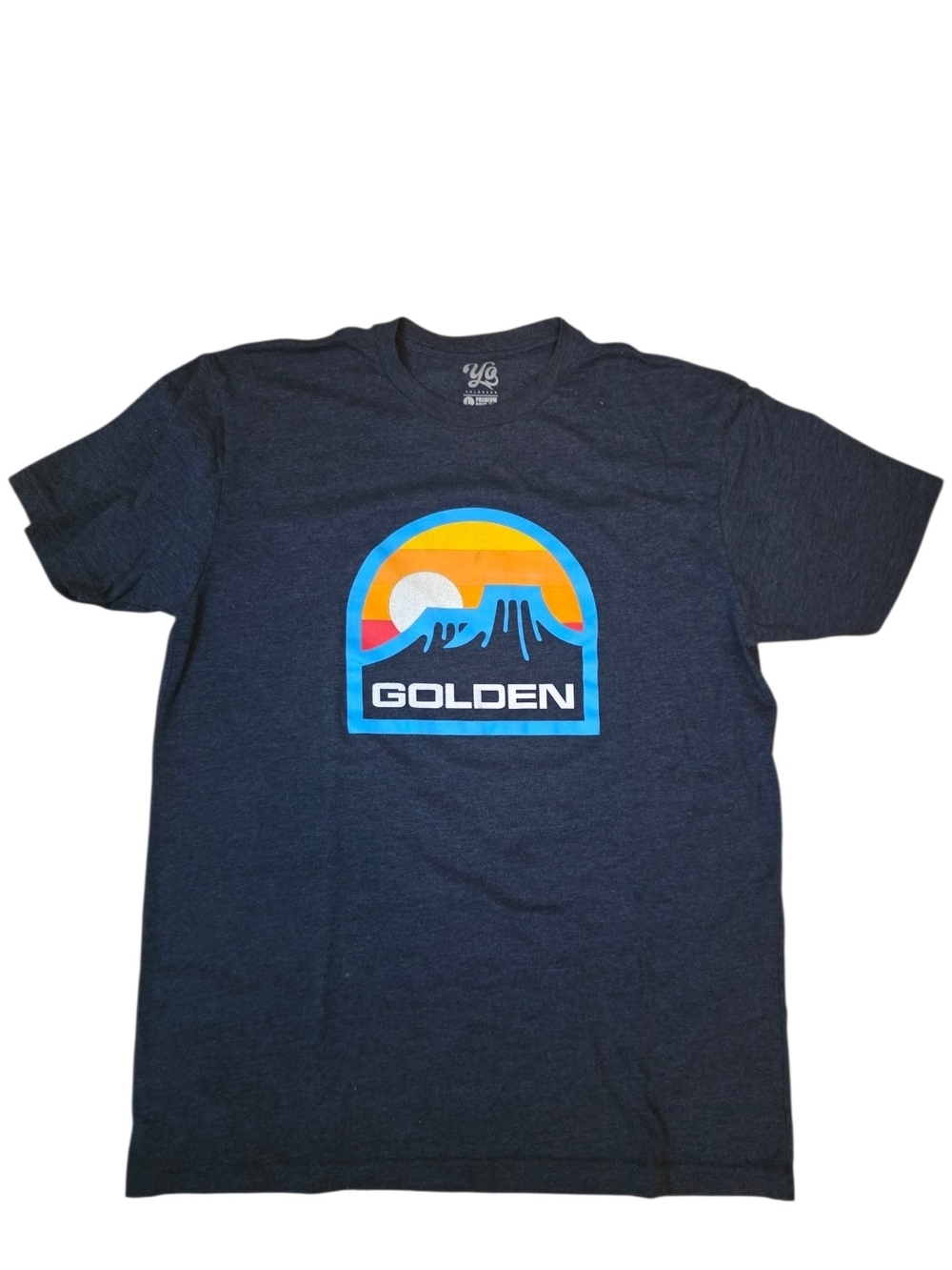 Golden, CO Official Logo Tee in Navy with Sunset Graphic- NWOT